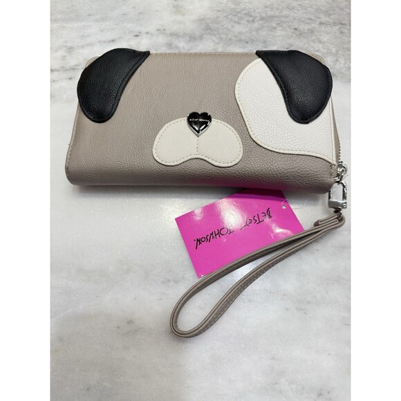 Betsey Johnson Kitsch Dog Puppy Face Zip Around Wristlet Wallet Gray Retro - Picture 2 of 6